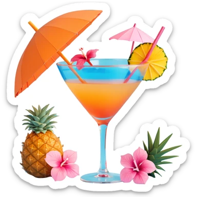 blue tropical cocktail with hibiscus, pineapple, and tiny pastel paper umbrella garnishes sticker