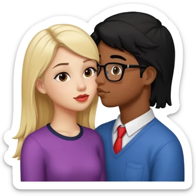 pretty blonde girl barbie kissing nerd with black hair and brown skin on the cheek sticker