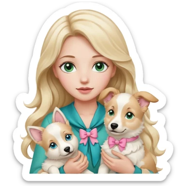 A white Long Wave blonde Hair Woman with blue-green eyes, with a Brown eyed White Shepard  in the arm ,the dog has a little bit beige in then end of the ears and a pink bow in neck . sticker