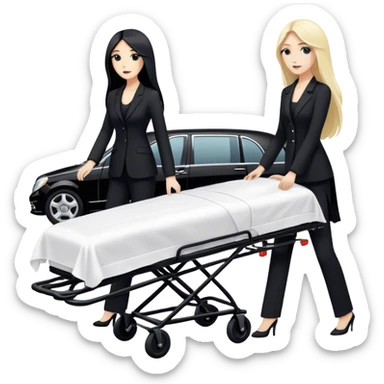 Two woman with long hair. One has black hair and one is blond. They have black pants suits on. And they are pushing a funeral stretcher in to a black Mercedes Vito funeral car. On the stretcher is a body covered in white sheets sticker