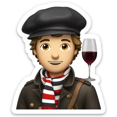 a french guy with a beret, black and white striped clothes, a red scarf and a baguette on his back and a glass of red wine sticker