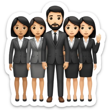 4 people, one man with beard, one man and two women,yellow skin office style,black hair,  sticker