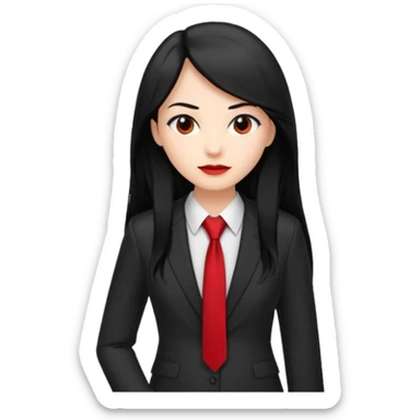 female boss in suit, long black hair, red tie sticker