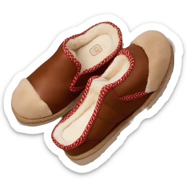 Chestnut colored low cut slip-on slippers. thin red woven zig-zag trim on the cuff, a red heel pull tab, and a thick platform sole. “UGG” sticker
