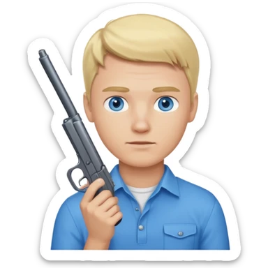 A blonde guy with blue eyes and blue shirt holding a gun sticker