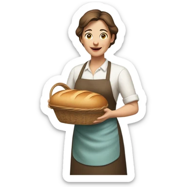 "A middle-aged woman with tired eyes, brown hair tied back, and a warm but worried look. She wears a simple dress with an apron, holding a loaf of bread or basket in a modest kitchen."mother sticker