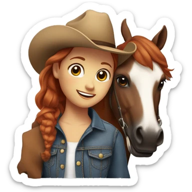 Girl with short red hair, with brown eyes, smiling, wearing a denim jacket and black shirt and brown cowgirl hat, next to her brown horse that has a white spot on her forehead. sticker
