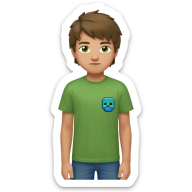 A 14 yerar old teenage boy, slightly tanned, wearing a green minecrcaft tshirt, blue jeans and green sneakers with brown tousled hair, smirking sticker