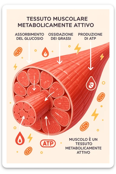 a highly detailed cross-section of human skeletal muscle fibers, shown in vibrant red and pink tones, with visible striations and realistic texture. Glowing arrows and animated icons represent active metabolic processes—such as glucose uptake, fat oxidation, and ATP production—occurring within the muscle tissue. Surrounding the muscle, floating symbols for mitochondria and energy highlight its metabolic activity. The background is clean and clinical, with subtle labels and infographics explaining that muscle is a metabolically active tissue. The overall style is modern, scientific, and visually engaging, suitable for educational or medical use. in italiano sticker