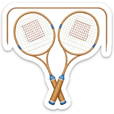 Two crossed badminton rackets with a shuttlecock resting in between, set against the faint outline of a badminton court. The image highlights the tools of the sport, with a subtle emphasis on the court's net and boundaries, symbolizing competition and skill. sticker