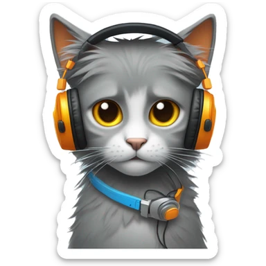 a grey anthropomorphic cat with one blue eye and one orange eye with messy black emo hair wearing yellow headphones sticker