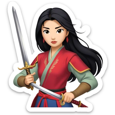 Cinematic Realistic Mulan Portrait, depicted with lifelike skin texture, soft natural lighting, and intricately detailed long black hair styled elegantly. Her deep, expressive eyes exude determination and grace, complemented by a serene yet confident expression. She stands with one hand resting on the hilt of her sword, the other by her side, exuding strength and poise. She is dressed in her classic attire, with rich fabric textures and delicate folds that catch the light beautifully. The portrait features a soft, enchanting glow with a natural, radiant finish, capturing the essence of timeless strength and beauty in a realistic and painterly style, evoking a sense of depth and authenticity. sticker