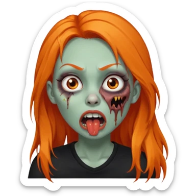 Faça uma zumbi feminina com cabelos longos e laranja, deve estar vestindo uma camisa preta e ter seus olhos castanhos escuro, não esqueça de colocar a sombrancelha da cor do cabelo e faça ela abrir um pouco a boca como um zumbi e adicione um piercing em seu nariz  sticker