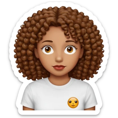 
professional, curly brown lady with hazel eyes, a little dot on the top of the left lip, a normal t shirst sticker