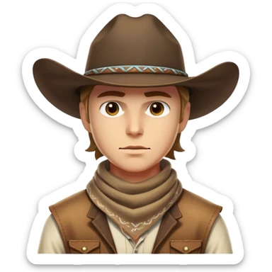 Clash of Clans aesthetic friendly Cowboy Portrait Emoji, With a rugged yet stylized build wearing a classic wide-brimmed hat and bandana, his face rendered in a natural skin tone (not yellow), determined eyes and a steely gaze, Simplified yet dynamic features, highly detailed, glowing with a warm, sunlit frontier radiance, high shine, brave and spirited, stylized with an air of Wild West heroism, focused and ready, soft glowing outline, capturing the essence of a fearless cowboy adventurer ready to ride into epic quests! sticker