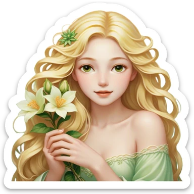 Cinematic Realistic Rapunzel Portrait, with porcelain-like skin featuring a subtle, natural glow, illuminated by soft lighting that brings out the gentle contours of her face. Her long, golden blonde hair cascades in detailed waves, each strand highlighted with a radiant shimmer as it catches the light. She playfully holds a flower in one hand, her other hand resting casually in her lap, with a warm and spirited expression. Her bright, expressive green eyes exude curiosity and warmth, framed by delicate lashes and soft, arched brows. She is dressed in her classic lavender and pink gown, the fabric textured with delicate folds that flow naturally, catching the light with a soft, radiant glow. The portrait captures a luminous, enchanting aura, seamlessly blending realism with a whimsical, fairytale charm, evoking a timeless sense of beauty and magic. sticker