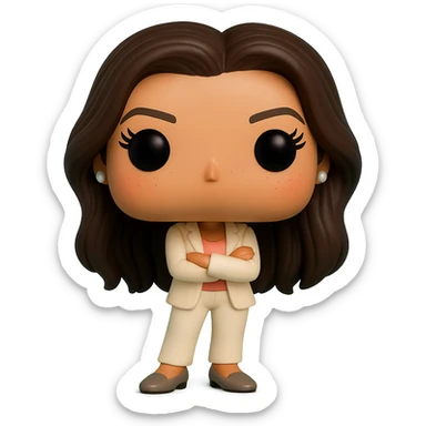 Create a Funko Pop style vinyl figure of Eva Longoria with superior quality, luminous smooth tanned skin, detailed dark hair, textured cream blazer, peach top, cream bottoms, small pearly earrings, greige leather loafers clearly visible, arms crossed, rosy cheeks, very discreet freckles, eyelashes, mischievous and cheerful expression, no mouth, transparent background. sticker
