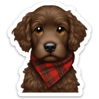 Chocolate brown colored doodle with a red and black flannel hankerchief sticker