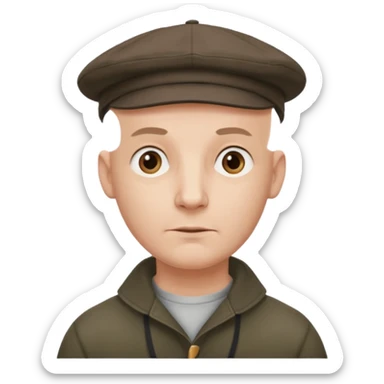 a bald man wearing a old english style cap looking hopeful sticker