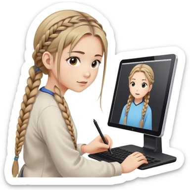 girl with dark blonde hair two braids is drawing on a graphics tablet while watching anime on a second monitor sticker