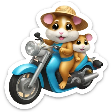 Two hamsters wearing swimwear and sun hat driving by motorbike on the beach sticker