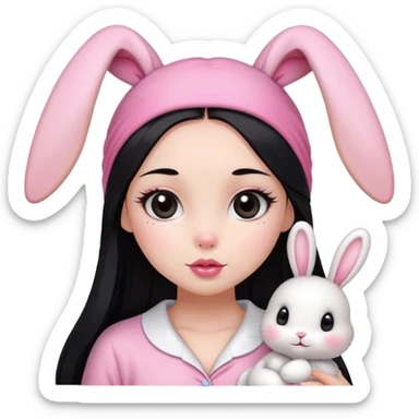 pretty girl, with straight long black hair, black eyes, long lashes, pink lips, wearing pink pajamas, and cute white bunny headband on her head and make it small sticker