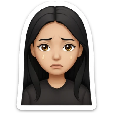 Sad crying woman with long straight black hair, brown skin tone, teardrops on face, worried eyebrows, neutral mouth sticker
