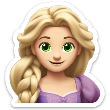 Rapunzel, in Tangled, has very long, shiny blonde hair, large green eyes, and a delicate face with a gentle smile. She wears a purple dress with puffed sleeves and radiates a joyful, curious, and innocent expression sticker
