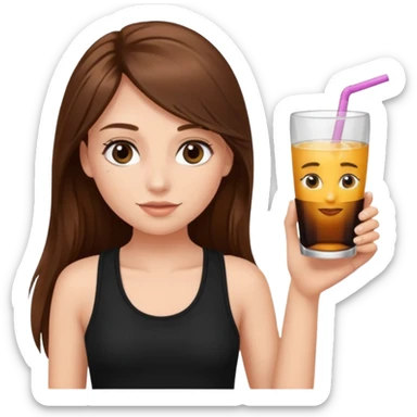 girl with long brown hair, false lashes, dressed with a black tank top and a drink in her right hand sticker