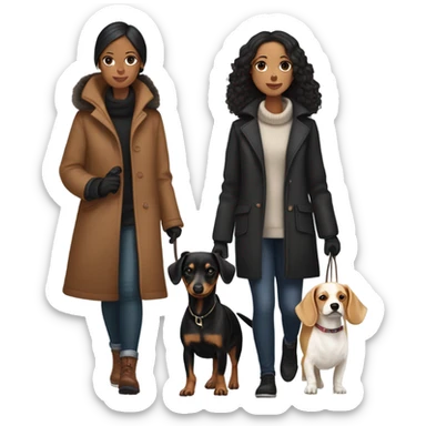 Two girls in winter coats walking- one with white skin black hair and the other with white skin and copper blonde hair with a brown and black dashedhound and the other with brown chihuahua  sticker