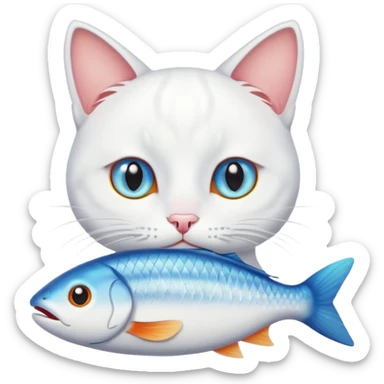 white cat with heterochromia eating fish sticker