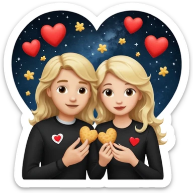 Couple with blonde hair wearing black eating chick filet hearts and outer space in the background. The girl has long wavy hair . sticker