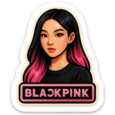 Transform this Blackpink-inspired K-pop avatar into a vibrant sticker with a bold white outline and a glossy finish, maintaining the pink and black color scheme. sticker