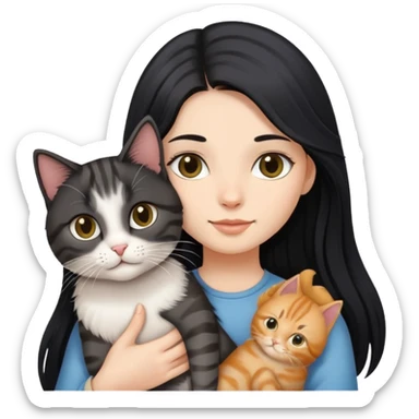 Long black hair girl holding a haired tabby cat sticker