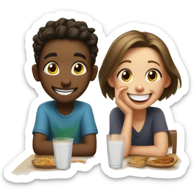 A girl and a boy laugh while sitting at the table without food sticker