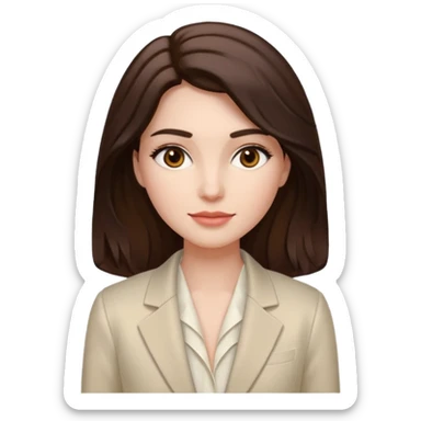 Tom de pele: clara com fundo rosado
Cabelos: longos, castanho escuro, levemente ondulados
Sobrancelhas: bem definidas e cheias
Olhos: castanhos claros (podem ser destacados com brilho)
Traços marcantes: lábios cheios e sorriso suave
Roupa: blazer branco acinturado, top de seda bege por baixo sticker