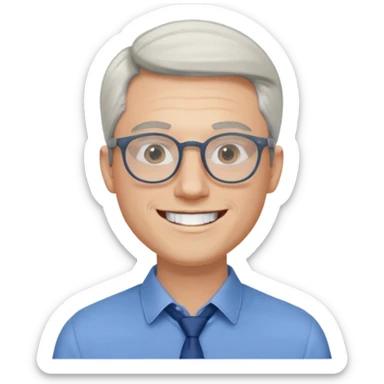 30 yr old pale white man, white/grey side swept stylish hair, round glasses, big smile, white teeth, handsome, longer hair, thin glasses, blue dress shirt sticker