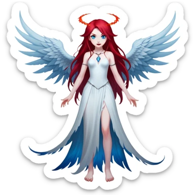 full body portrait of an extremely diabolical girl with pale white skin, massive towering wings, very long flowing blood red hair, glowing blue eyes, black hellfire aura, completely plain head with no accessories or features except hair, evil grin, no necklace sticker