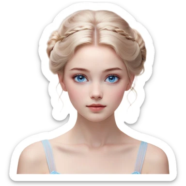 Cinematic Realistic Cinderella Portrait, depicted with lifelike skin texture, subtle rosy undertones, and soft natural lighting that enhances the gentle contours of her face. Her intricately detailed golden blonde hair is elegantly styled in an updo, with delicate wisps framing her face. Her deep, expressive blue eyes radiate warmth and sincerity, reflecting a quiet resilience and grace. She holds a glass slipper gently in one hand, her other hand resting gracefully at her side, emphasizing the timeless beauty of the moment. She is dressed in her iconic ball gown, the fabric shimmering with intricate embroidery and fine translucent layers that catch the light beautifully. The soft sheen of satin gloves adds a magical touch to her graceful pose. The portrait features an enchanting glow with a natural, luminous finish, seamlessly blending realism and fairytale charm to evoke a sense of depth, elegance, and timeless beauty. sticker