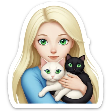 pretty woman with pale skin and blue eyes, very long blonde hair  hugging a white and black cat with green eyes sticker