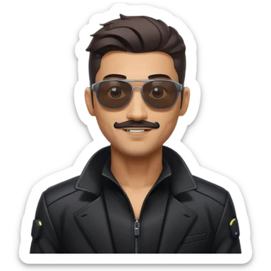 generate an emoji of a tall guy with a slight muostache, black cyberpunk suit and sunglasses. make him EXTREMLY happy sticker