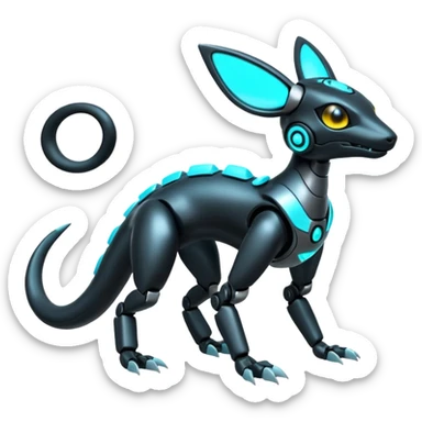 Shiny White Metallic Futuristic Robotic Mechanical Glowing Salandit-Umbreon-Fakémon-hybrid-creature (full body) with cyan accents sticker