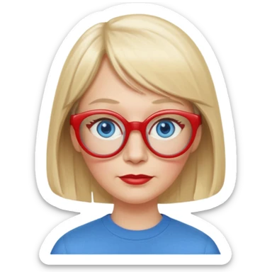 50 yr old white woman, pale skin, long straight blond hair parted in center, blue eyes, bangs, clothes for school, big red glasses, oval face, long face sticker