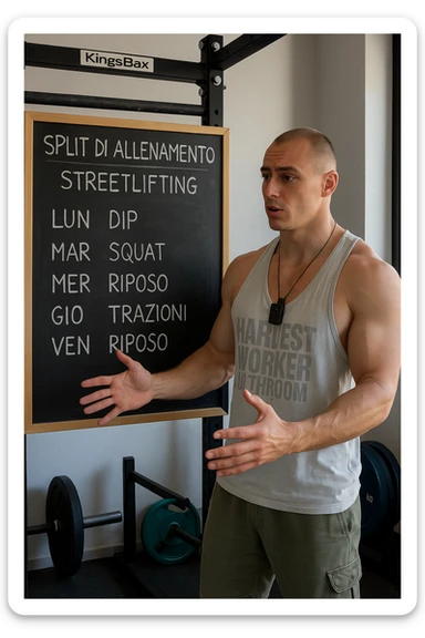 uomo che spiega alla lavagna la "Split di Allenamento" per lo streetlifting. tutto in italiano sticker