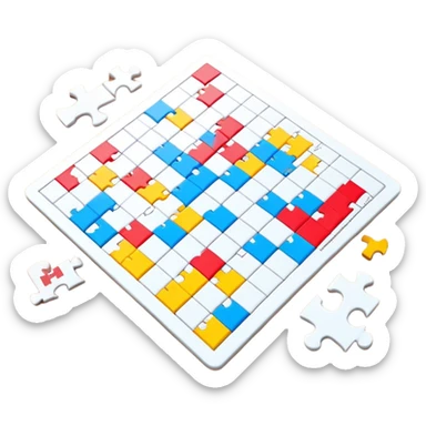 A photorealistic icon with a colorful, fragmented puzzle piece, a crossword magazine, a 3D puzzle, and a partially completed puzzle on a table. Bright, detailed design with realistic lighting. Transparent background, clearly symbolizing puzzles and brain games. sticker