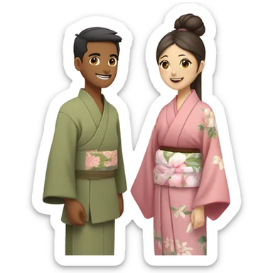 asian couple in kimono - man wearing kimono with olive green inside and brown outside and beige fabric belt, woman with long hair in bun with accessories wearing light pink kimono with pastel florals of different colors sticker