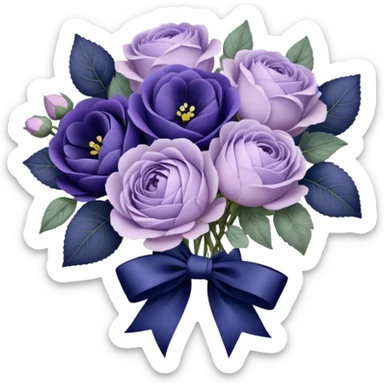 A hand-tied bouquet of soft lilac roses, pale violet peonies, and deep indigo pansies, bound with layers of vintage lace and a faded purple silk bow, rests upon a carved wooden vanity, beside an antique silver heart-shaped mirror reflecting the timeless beauty of love’s gentle touch. sticker