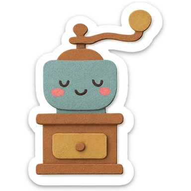 vintage coffee grinder, full body, blushing cheeks, hand-drawn soft pastel style sticker