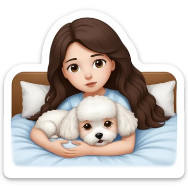 Brunette Long hair girl sick in bed by herslef with bichon frise dog sticker