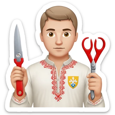 A Ukrainian man wearing traditional white embroidered vyshyvanka shirt holding red scissors in one hand and a spanner/wrench in the other hand sticker